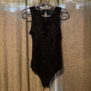 Black Mesh Floral bodysuit - S - see through transparent sexy - snap crotch